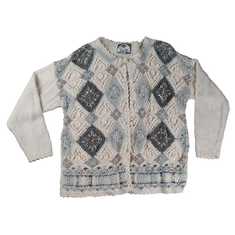 Vintage Tiara International L Cardigan Sweater Beaded Embroidered Holiday FLAWS*